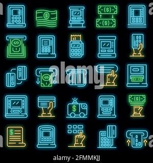 Set di icone della macchina ATM. Contorno insieme di icone vettoriali di macchine atm colore neon su nero Illustrazione Vettoriale