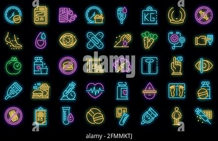 Set di icone per il diabete. Contorno insieme di icone vettore diabete colore neon su nero Illustrazione Vettoriale