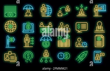 Set di icone di consulente finanziario. Contorno insieme di icone vettoriali di consulenti finanziari colore neon su nero Illustrazione Vettoriale