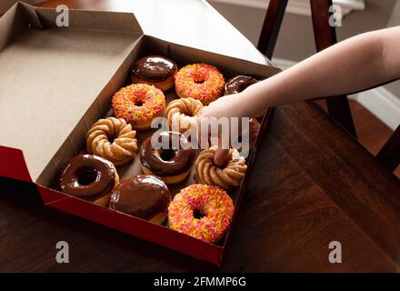 Mano del bambino che raggiunge in una scatola di ciambelle assortite su un tavolo. Foto Stock