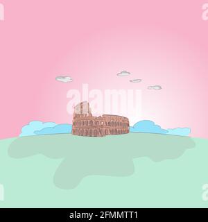 Colosseo a Roma con colori pastello illustrazione disegnata a mano vettore Illustrazione Vettoriale