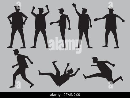Silhouette nera per uomo cartone animato in diversi gesti e linguaggio del corpo. Illustrazione dei caratteri vettoriali isolata su sfondo grigio chiaro. Illustrazione Vettoriale