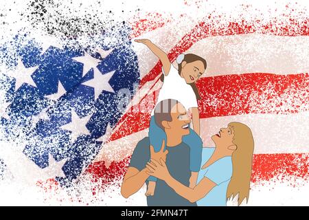 Uomo, donna e bambino sullo sfondo della bandiera americana a forma di mappa degli Stati Uniti d'America Foto Stock