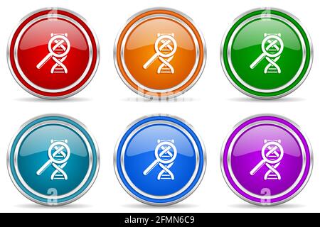 DNA, ricerca genetica argentate icone lucide metallizzate, set di moderni pulsanti di design per applicazioni web, internet e mobili in 6 colori opzioni isolare Foto Stock