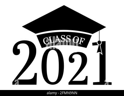 Classe di 2021. Congratulazioni laureati banner con iscrizione scritta e cappellino accademico. Illustrazione vettoriale isolata in bianco Illustrazione Vettoriale