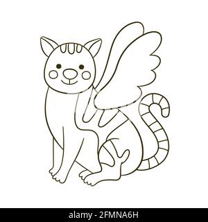 Gatto con le ali degli angeli. Gattino divertente. Libro da colorare. Illustrazione vettoriale su sfondo bianco Illustrazione Vettoriale