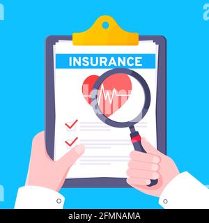 Mano hold assicurazione medica reclamo forma fogli di carta, mano del medico con lente d'ingrandimento piatta stile disegno illustrazione vettoriale. Illustrazione Vettoriale
