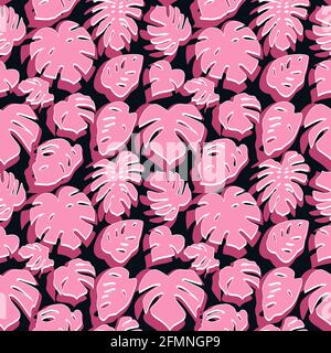 Motivo senza cuciture con foglie tropicali rosa su sfondo nero. Illustrazione Vettoriale