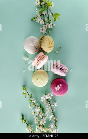 Macaroni da dessert francesi e fiori di alberi di primavera Foto Stock