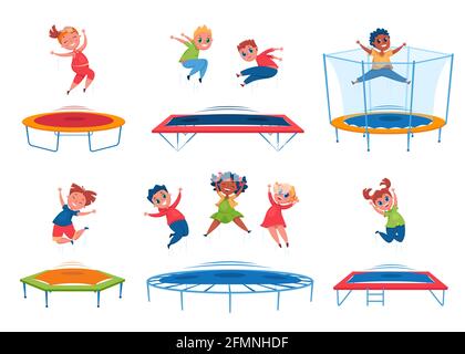 I bambini saltano sul trampolino. Felici ragazzi, ragazze che rimbalzano e si divertono. I bambini energici saltano insieme. Gruppo outdoor attività cartoni animati insieme vettoriale. Personaggi che hanno tempo libero e divertimento Illustrazione Vettoriale