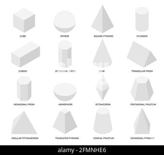 Forme isometriche. Oggetti geometrici bianchi isolati, modelli matematici per lo studio scolastico e il design astratto. Cubo, prisma insieme di elementi vettoriali 3d. Scienza della geometria e forme isolate matematiche Illustrazione Vettoriale