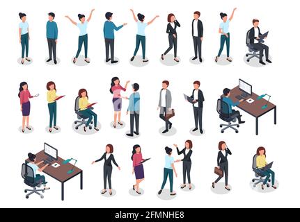 Persone isometriche. Uomini e donne in abiti da lavoro e casual, impiegati in ufficio varie posizioni nel posto di lavoro. caratteri vettoriali isolati 3d. Personaggi maschili e femminili con valigia, mani agitanti Illustrazione Vettoriale