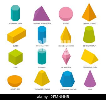 Forme isometriche semplici. Elementi geometrici isolati multicolori, oggetti matematici per lo studio scolastico e design del logo. Cubo, prisma insieme di vettori 3d. Forme astratte colorate per l'apprendimento della geometria Illustrazione Vettoriale