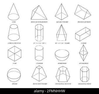 Linee isometriche. Forme geometriche semplici per l'apprendimento scolastico e il design del logo. Set matematico vettoriale 3d cilindro, prisma e piramide, cono e sfera. Schema forme isolate per l'educazione matematica Illustrazione Vettoriale