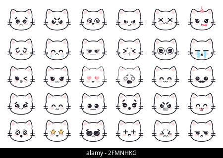 Gatti Kawaii. Bianco gattino testa anime avatar con varie emozioni paura, grido e rabbia, apatia e morte, gioia e sorpresa manga vettore set. Personaggi cartoni animati con occhiali da sole, stelle e cuori Illustrazione Vettoriale