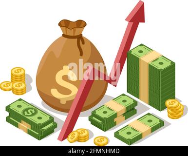 Concetto di investimento monetario. Grafico della crescita isometrica, borsa di cassa con monete d'oro e banconote in dollari. Investire, aumentare il background dei vettori di profitto. Dati statistici in crescita, contabilità e analisi Illustrazione Vettoriale