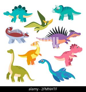 Dinosauro carino. Dinosauri cartoni animati, draghi, mostri preistorici. Divertenti animali jurassic vettore caratteri isolati childish. Dino festa decorazione, bambini vacanza creatura decorazione Illustrazione Vettoriale