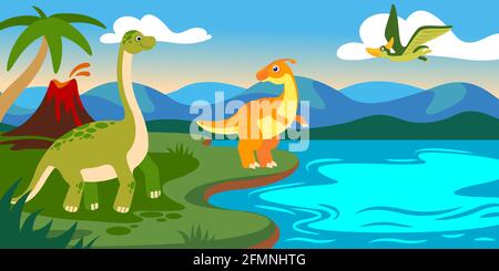 Graziosi dinosauri con paesaggio. Cartoon dinò preistorica con lago, vulcano, montagna e palme. Jurassic Animali vettore di fondo. Creature mitologiche vicino al fiume con la montagna Illustrazione Vettoriale