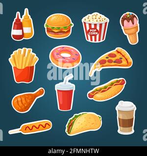 Adesivi per fast food. Hamburger, popcorn e patatine fritte, hot dog. Set vettoriale per ketchup, bevande alla senape, pollo e ciambella, tacos e gelati. Spuntini americani, pasti spazzatura e bevande Illustrazione Vettoriale