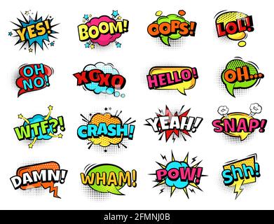 Fumetti. Parole d'azione cartoon, boom, Oops e Pow, sì e OH, lol. Fumetto retrò bolle di testo con vettore mezzitoni impostato. Espressione di emozioni in elementi di stile pop art Illustrazione Vettoriale