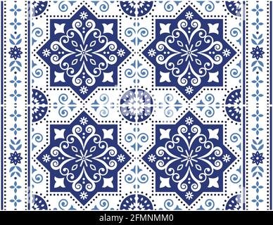 Portoghese Azulejo piastrella vettoriale senza cuciture motivo decorativo con cornice o bordo, Lisbona design tradizionale con fiori, vortici e forme geometriche Illustrazione Vettoriale