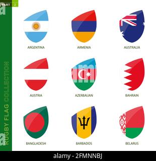Collezione di bandiere di Rugby. Rugby icona con bandiera di 9 paesi: Argentina, Armenia, Australia, Austria, Azerbaigian, Bahrain, Bangladesh, Barbados, Bielorussia Illustrazione Vettoriale