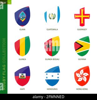 Collezione di bandiere di Rugby. Icona di rugby con bandiera di 9 paesi: Guam, Guatemala, Guernsey, Guinea, Guinea-Bissau, Guyana, Haiti, Honduras, Hong Kong Illustrazione Vettoriale