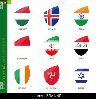 Collezione di bandiere di Rugby. Icona di rugby con bandiera di 9 paesi: Ungheria, Islanda, India, Indonesia, Iran, Iraq, Irlanda, Isola di Man, Israele Illustrazione Vettoriale