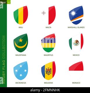 Collezione di bandiere di Rugby. Rugby Icon bandiera di 9 paesi: Mali, Malta, Isole Marshall, Mauritania, Mauritius, Messico, Micronesia, Moldavia, Monaco Illustrazione Vettoriale
