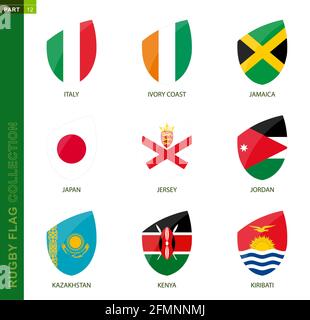Collezione di bandiere di Rugby. Rugby Icon bandiera di 9 paesi: Italia, Costa d'Avorio, Giamaica, Giappone, Jersey, Giordania, Kazakistan, Kenya, Kiribati Illustrazione Vettoriale
