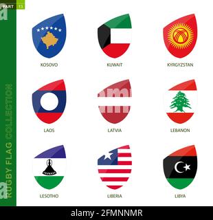 Collezione di bandiere di Rugby. Rugby Icon bandiera di 9 paesi: Kosovo, Kuwait, Kirghizistan, Laos, Lettonia, Libano, Lesotho, Liberia, Libia Illustrazione Vettoriale