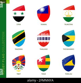 Collezione di bandiere di Rugby. Icona di rugby con bandiera di 9 paesi: Siria, Taiwan, Tagikistan, Tanzania, Thailandia, Bahamas, Tibet, Togo, Tokelau Illustrazione Vettoriale
