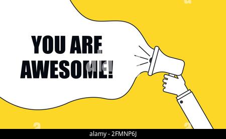 Il megafono di presa della mano maschio con voi è bolla impressionante del discorso. Altoparlante. Banner per il business, il marketing Illustrazione Vettoriale