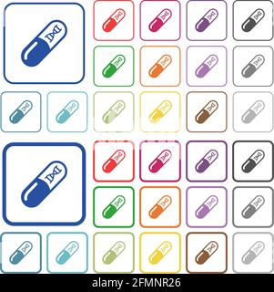 Medicina con molecole di dna icone piatte a colori in cornici quadrate arrotondate. Versioni sottili e spesse incluse. Illustrazione Vettoriale