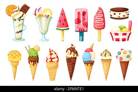 Coni per gelato. Popsicle di fragole, gelato alla frutta al cocomero, sundae alla vaniglia, panino gelato. Dessert estivo con noci, spruzzi, cartone animato frutta insieme vettore. Palle di cialde con farciture Illustrazione Vettoriale