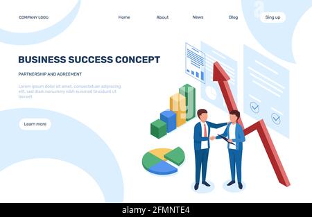 Concetto di partnership isometrica. Uomini d'affari handshaking con grafici di crescita e documenti, investimenti di successo landing page vettore design. Dipendenti che hanno un accordo e una collaborazione Illustrazione Vettoriale