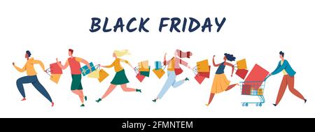 La gente che acquista sulla vendita del venerdì nero. Folla che corre con carrelli, sacchetti di carta. Uomini e donne che acquistano in vendita. Illustrazione del vettore della stagione di sconto del negozio, del centro commerciale. Personaggi che acquistano merci Illustrazione Vettoriale