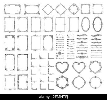 Elementi decorativi. Bordi floreali vintage, cornici. Divisori, frecce angolari. Elegante cornice con girls, fiori, foglie. Set vettoriale decorazione disegnata a mano. Matrimonio, libro decorazione festiva Illustrazione Vettoriale