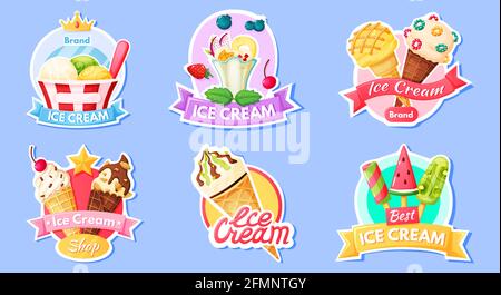 Etichetta gelato. Logo, distintivo per gelateria con gelato alla frutta, pop-sicles. Etichette per il menu dei caffè alla vaniglia e al cioccolato. Cartoon freddo segno dessert set vettoriale. Prodotto caseario con adesivo di rabbocco Illustrazione Vettoriale