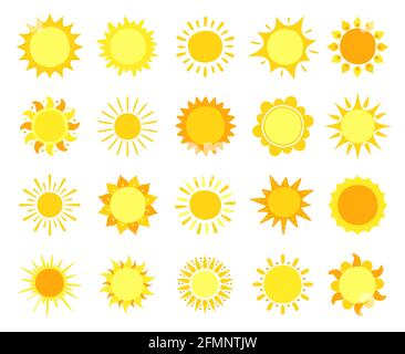 Icone del sole. Simboli del sole, dell'estate calda e dell'alba, cerchi dorati della luce solare, insieme dei segni del tempo solare e soleggiato. Raggi solari luminosi e raggi di diversa forma per l'alba o il tramonto Illustrazione Vettoriale