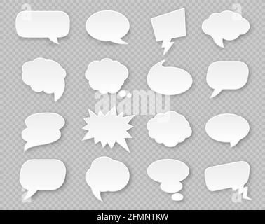 Bolle di voce della carta. Fumetti pensiero bianco palloncini bianchi con ombra. Nuvola di pensiero per l'espressione in varie forme insieme vettoriale. Forme per la comunicazione , elementi di dialogo per il messaggio Illustrazione Vettoriale