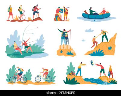 Attività escursionistiche. Turisti che camminano con zaino, arrampicarsi in montagna, equitazione in bicicletta, pesca. Estate vacanza attività all'aperto o avventura vettore set. Attività ricreative stagionali, gita sulla natura Illustrazione Vettoriale