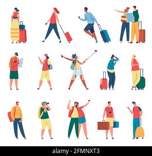 Persone in viaggio. Uomo e donna con zaini, valigie. Turisti che scattano foto, viaggiatori che leggono la mappa. Vacanza estiva, insieme vettore di attività turistica. Personaggi femminili e maschili con bagaglio Illustrazione Vettoriale