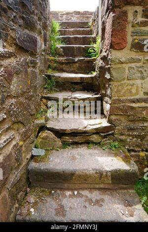 vecchia scala in pietra fatta di grandi lastre in pietra in un rovine del castello medievale europeo Foto Stock