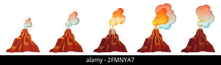 Processo di eruzione vulcanica in diversi stadi. Eruzione vulcanica con flusso magma, fuoco e nuvole di fumo, cenere e gas. Cartoon vettore insieme di montagna con cratere e lava isolato su sfondo bianco Illustrazione Vettoriale