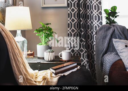 Ambiente accogliente di una tazza calda e fumante di caffè seduta su un petto d'epoca con piante e lampada in un soggiorno in stile casale. Foto Stock