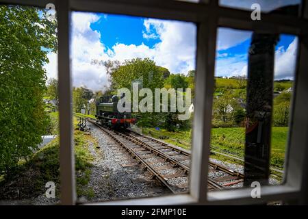 Great Western Pannier Tank 1336 Classe No. 1369, costruito nel 1933, guidato da Andy Letts è dato pieno vapore avanti per entrare nella stazione a vapore presso la South Devon Railway (SDR) a Buckfastleigh, South Devon, dove il personale, I conducenti e gli ingegneri stanno controllando le attrezzature mentre preparano l'attrazione per prepararsi alla riapertura al pubblico, lunedì 17 maggio, in vista di un ulteriore allentamento delle restrizioni di blocco in Inghilterra. Data immagine: Martedì 11 maggio 2021. Foto Stock