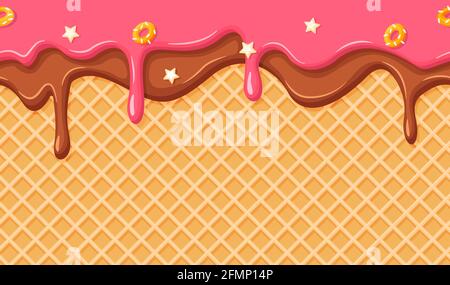 Cono gelato con motivo senza cuciture. Composizione di cialda con fragola e glassa di cioccolato fondente. Sciroppo gocciolante con fondo vettoriale spruzzato. Affettando le macchie sulla cialda. Elemento croccante orizzontale Illustrazione Vettoriale