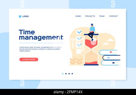 Pagina di destinazione della gestione del tempo. Uomo seduto in clessidra con libri, organizzazione del lavoro efficace, pianificazione, modello web vettoriale di concetto di produttività. Lista di controllo con segni di spunta per le attività eseguite Illustrazione Vettoriale
