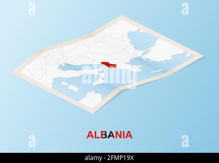 Mappa su carta piegata dell'Albania con i paesi vicini in stile isometrico su sfondo vettoriale blu. Illustrazione Vettoriale